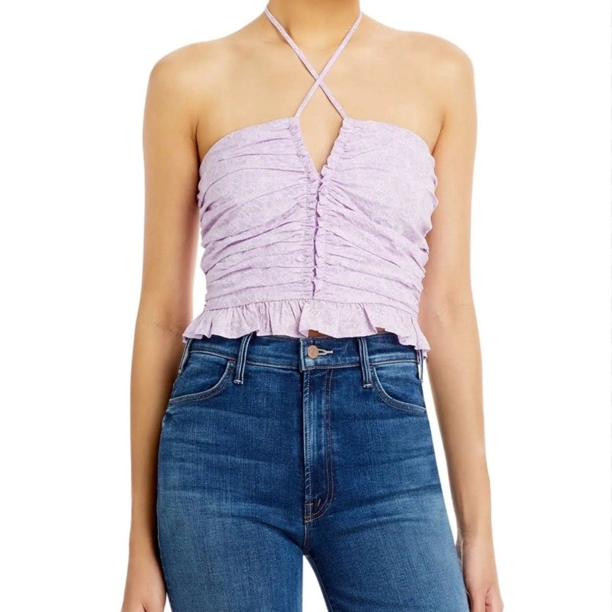 Wayf Lavender Floral Print Ruched Halter Top Sz M NWT
