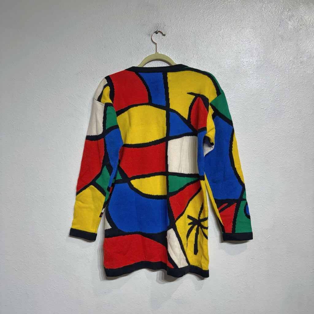 Adrienne Vittadini White Multicolor Geometric Abstract Knit Sweater Sz S NWT