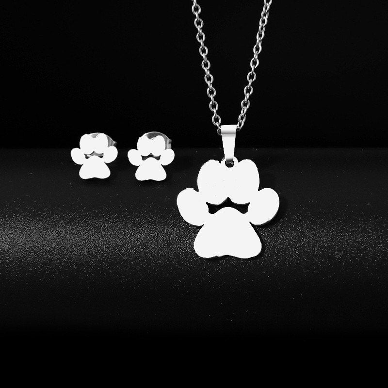 Silver Paw Print Necklace & Stud Earrings Pet Lover Jewelry Set NWOT