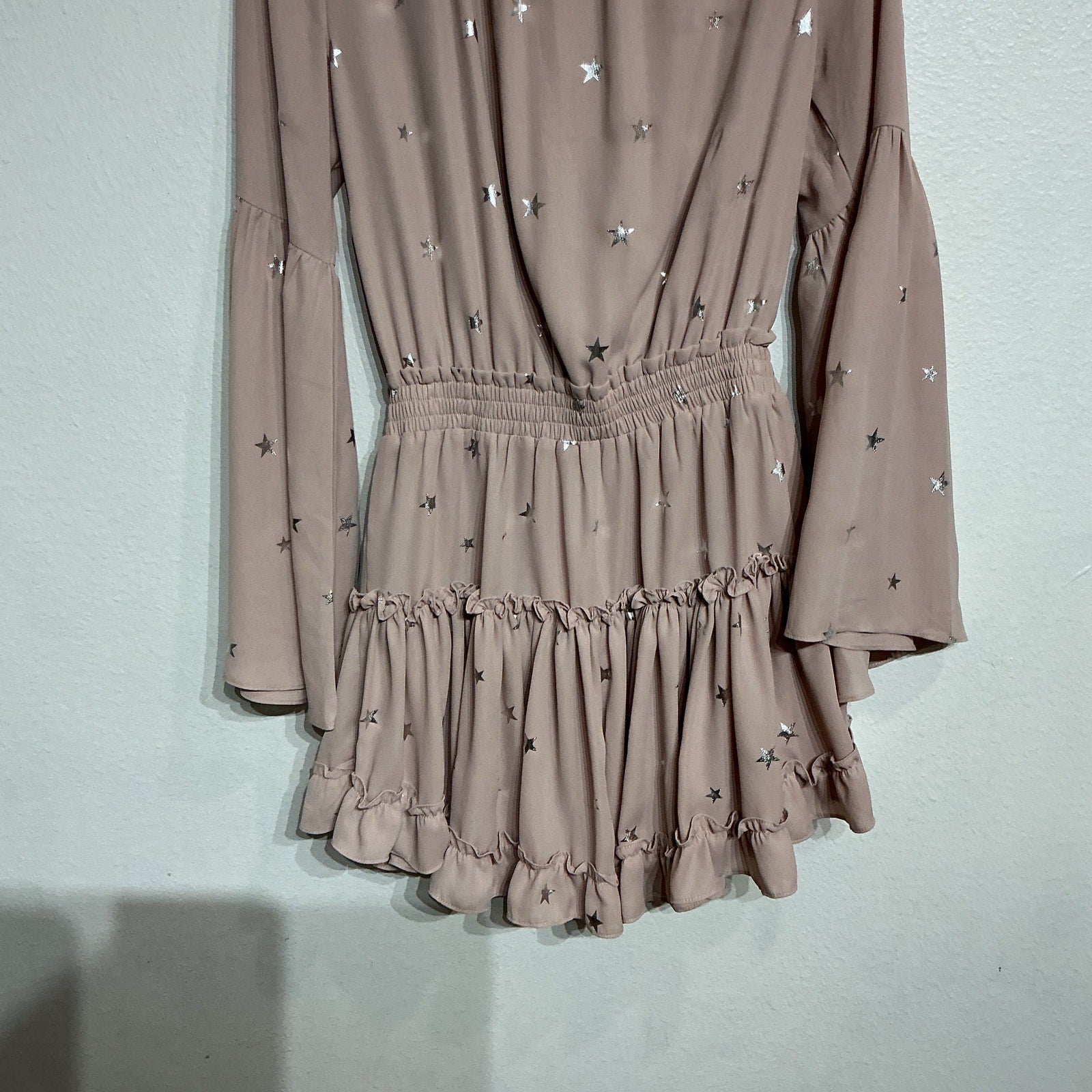 Buddy Love Pink Silver Metallic Star Bell Sleeve Dress Sz S NWT