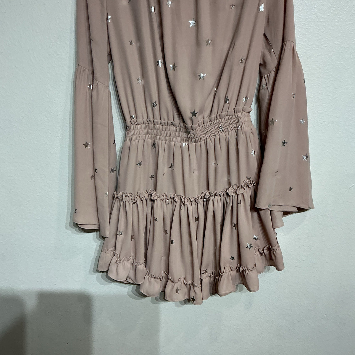 Buddy Love Pink Silver Metallic Star Bell Sleeve Dress Sz S NWT