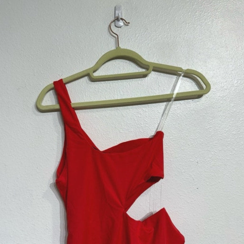 Aqua Red One Shoulder Cut Out One Piece Swimsuit Sz M NWT