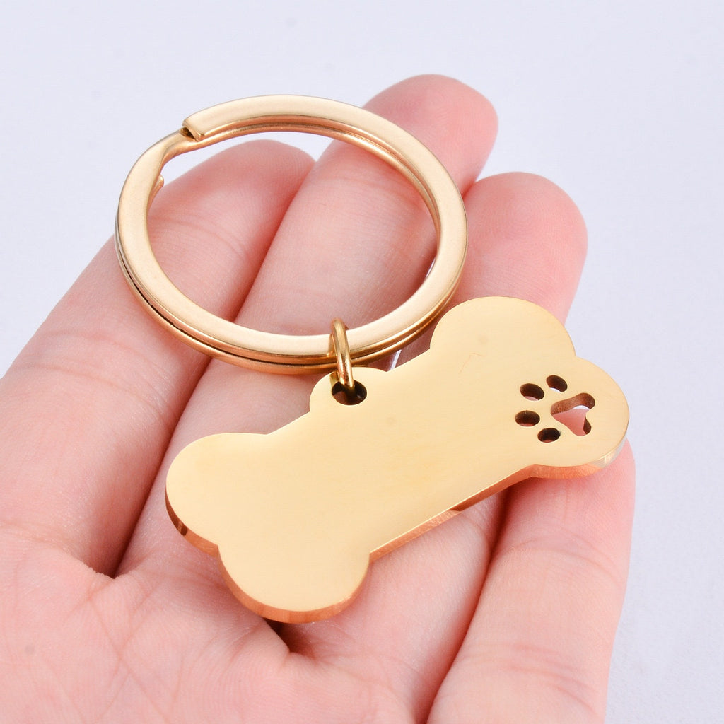 Gold Dog Bone Paw Print Stainless Steel Pet Lover Keychain NWOT