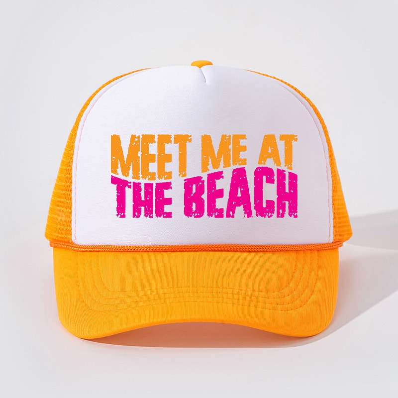 Meet Me at the Beach Orange Retro Summer Snapback Mesh Trucker Hat NWOT
