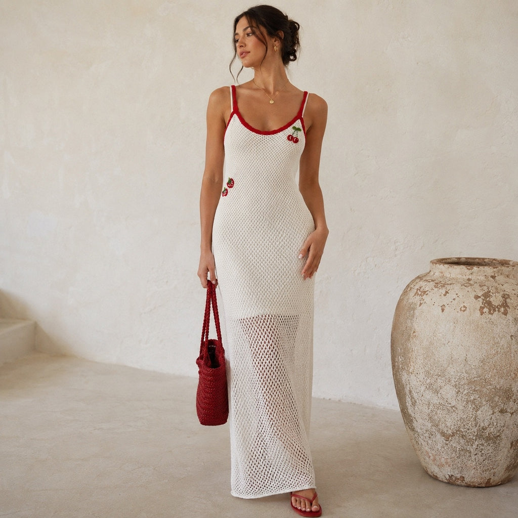 WAYF Cherry Appliqué Crochet Knit Maxi Dress Ivory Red Trim Sz L NWT