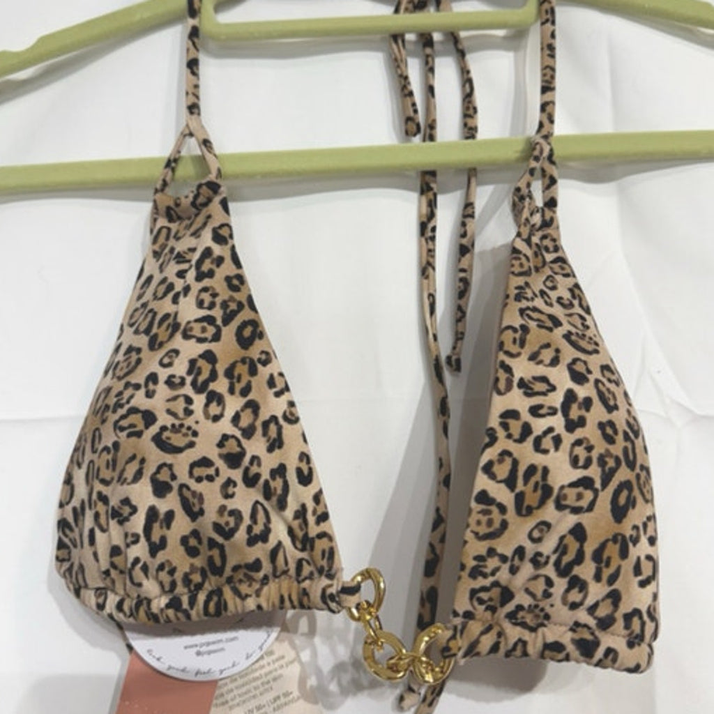 PQ Swim Leopard Print Bikini Top Chain Trim Top Sz M NWT
