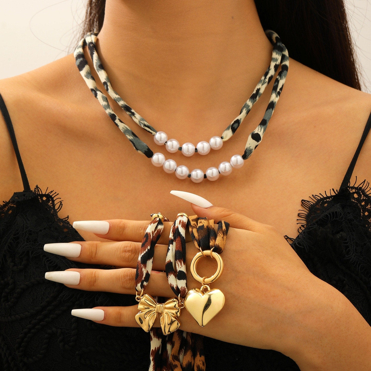 Leopard Print Scarf Necklace Gold Puffy Heart Pendant Statement Necklace NIB