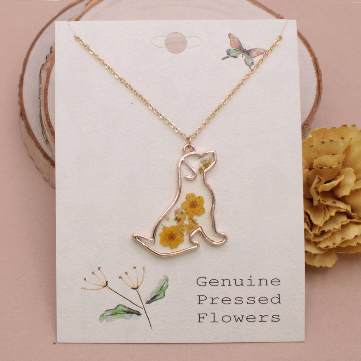 Floral Friend Gold Dog Dried Flower Necklace