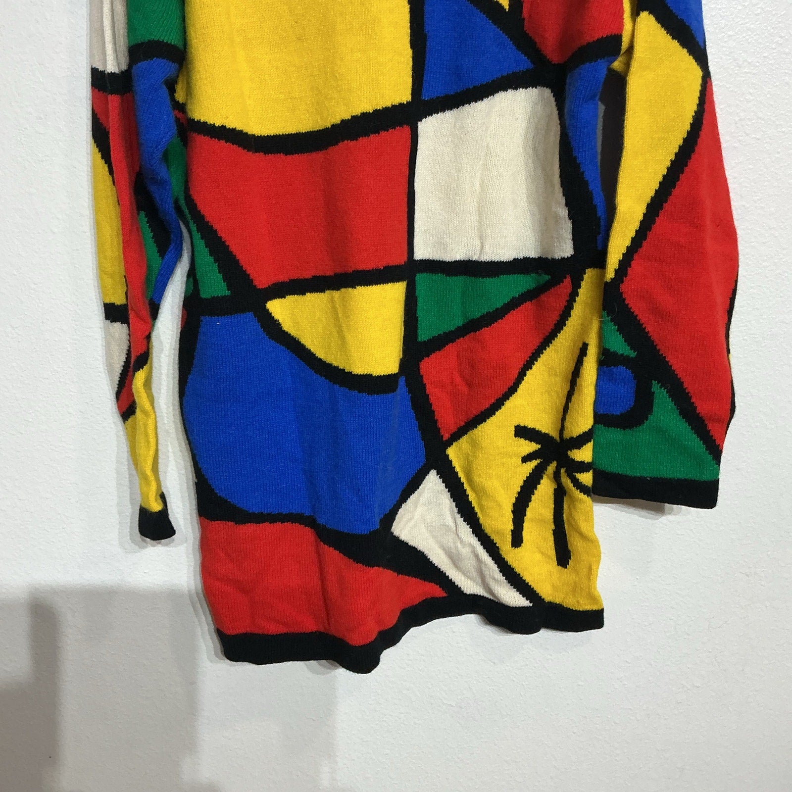 Adrienne Vittadini White Multicolor Geometric Abstract Knit Sweater Sz S NWT