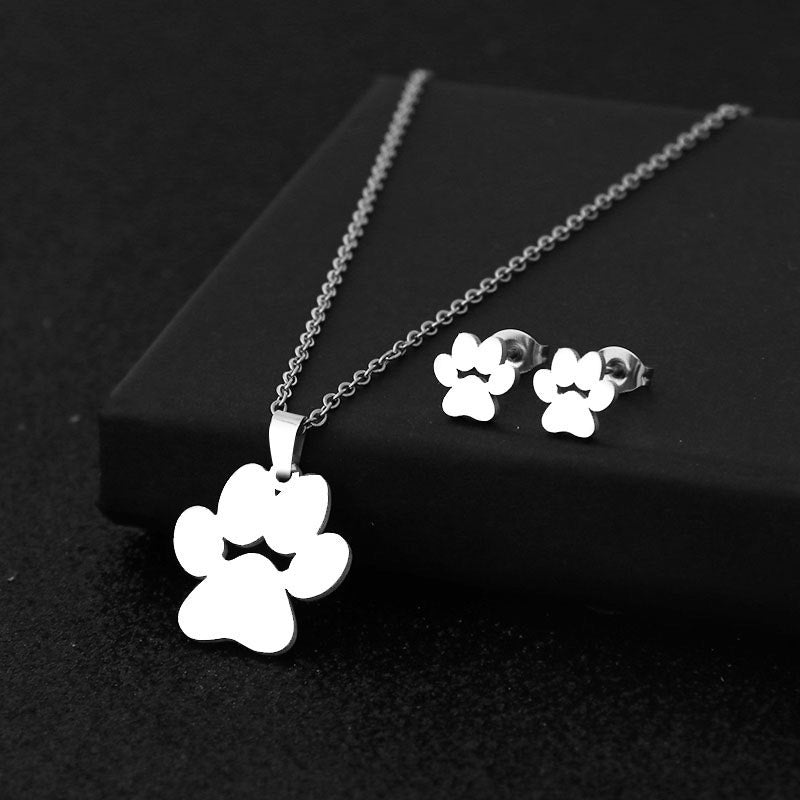 Silver Paw Print Necklace & Stud Earrings Pet Lover Jewelry Set NWOT