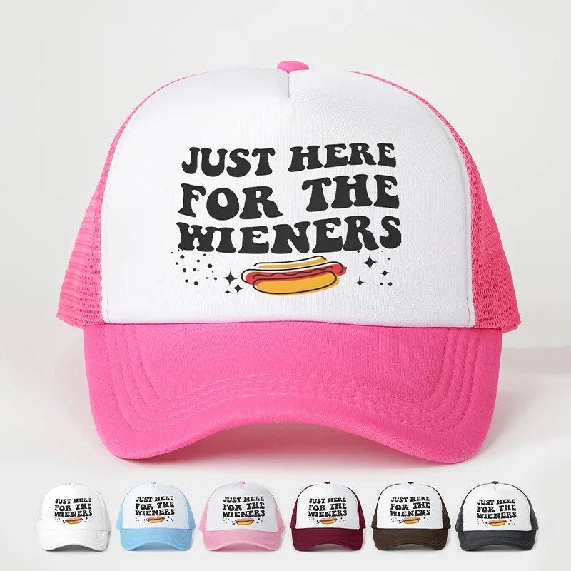 Just Here for the Wieners White Funny Graphic Mesh Trucker Hat NWOT