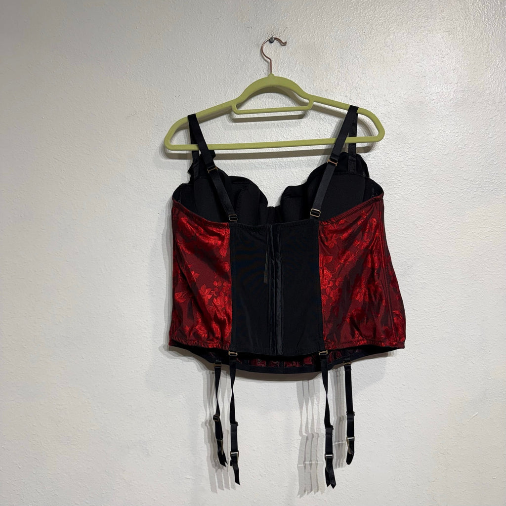 Cacique Red Floral Satin Corset Bustier Top With Garters Sz 26 NWT