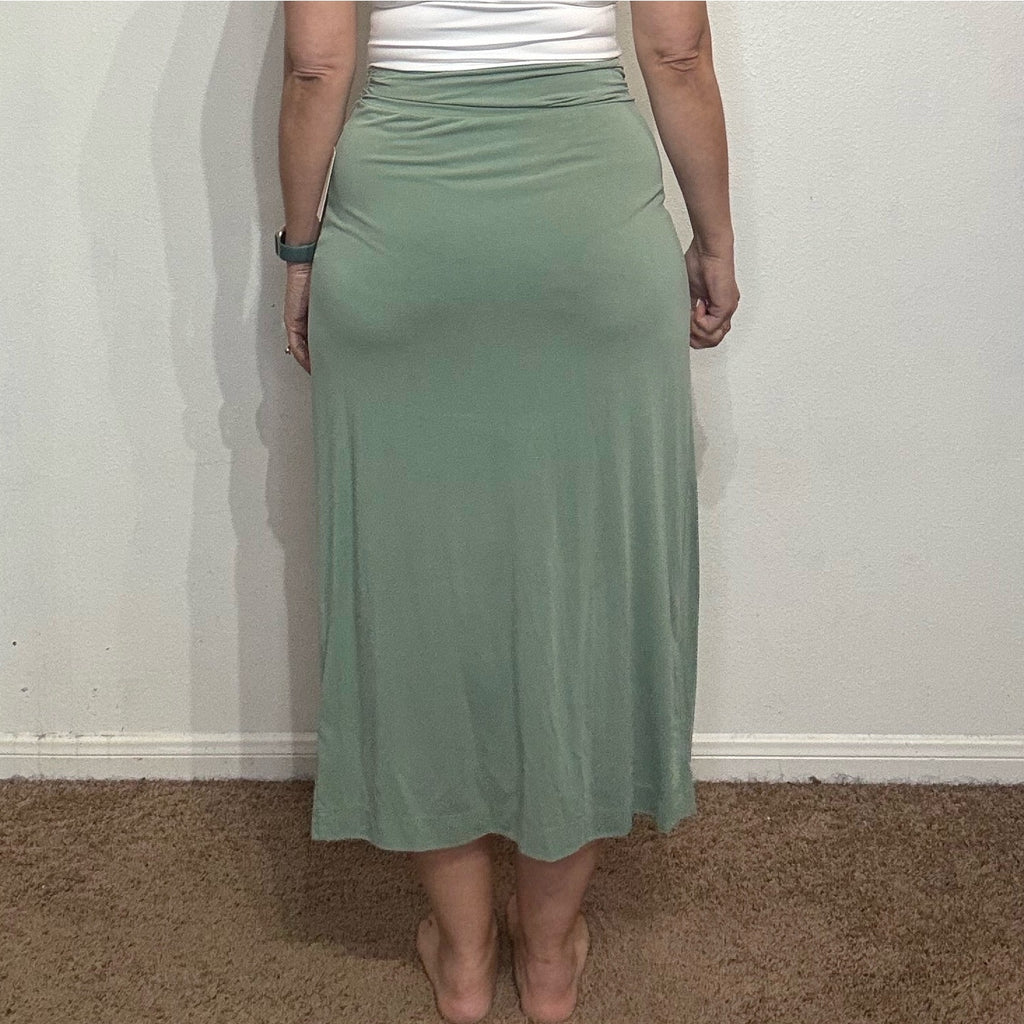 Anthropologie Moss Green Junie Knit Twist Ruched Midi Skirt Sz S NWT