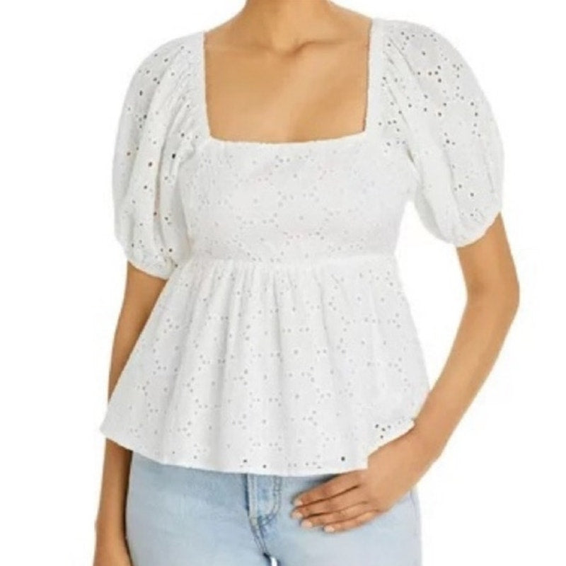 Aqua White Babydoll Eyelet Top Sz M NWT