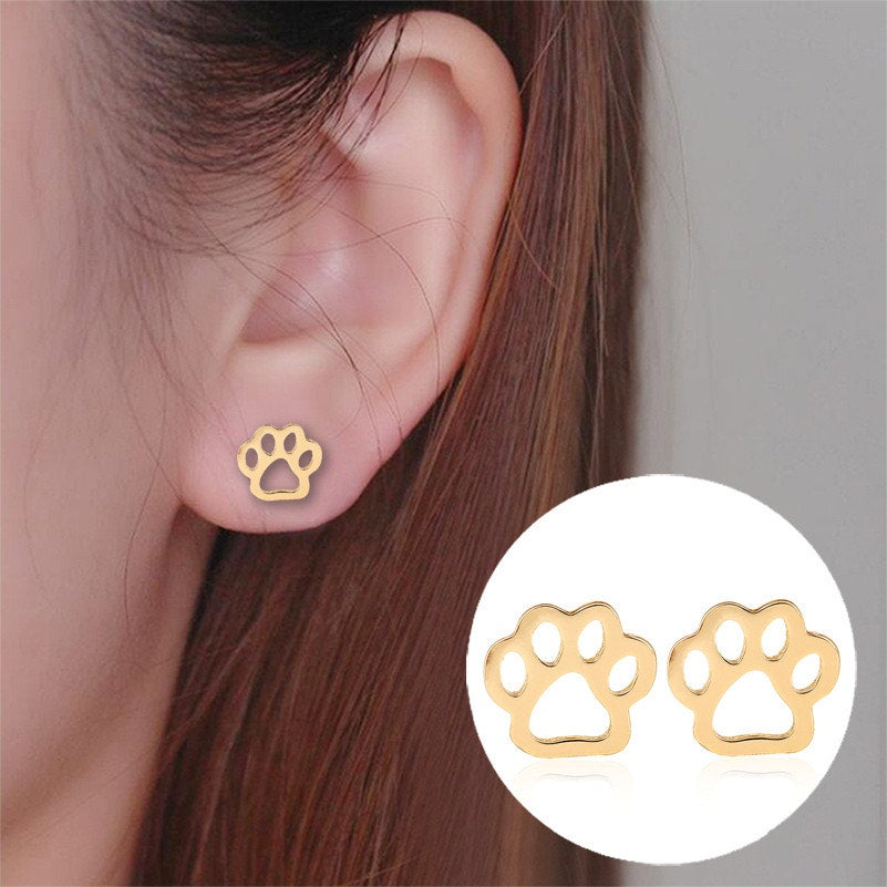 Gold Paw Print Stud Earrings Pet Lover Stainless Steel Earrings NWOT