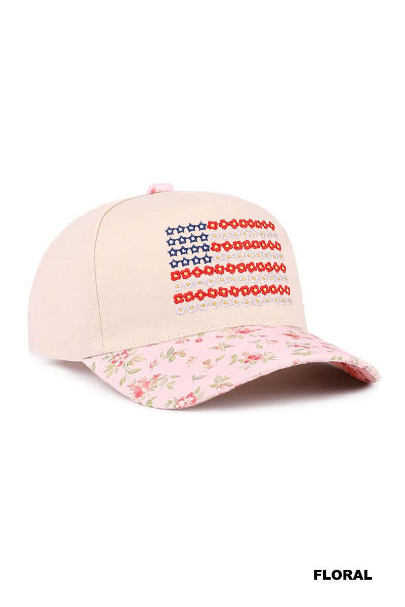 `0403 Star Floral American Flag Two Tone Cotton Hat SI-29571