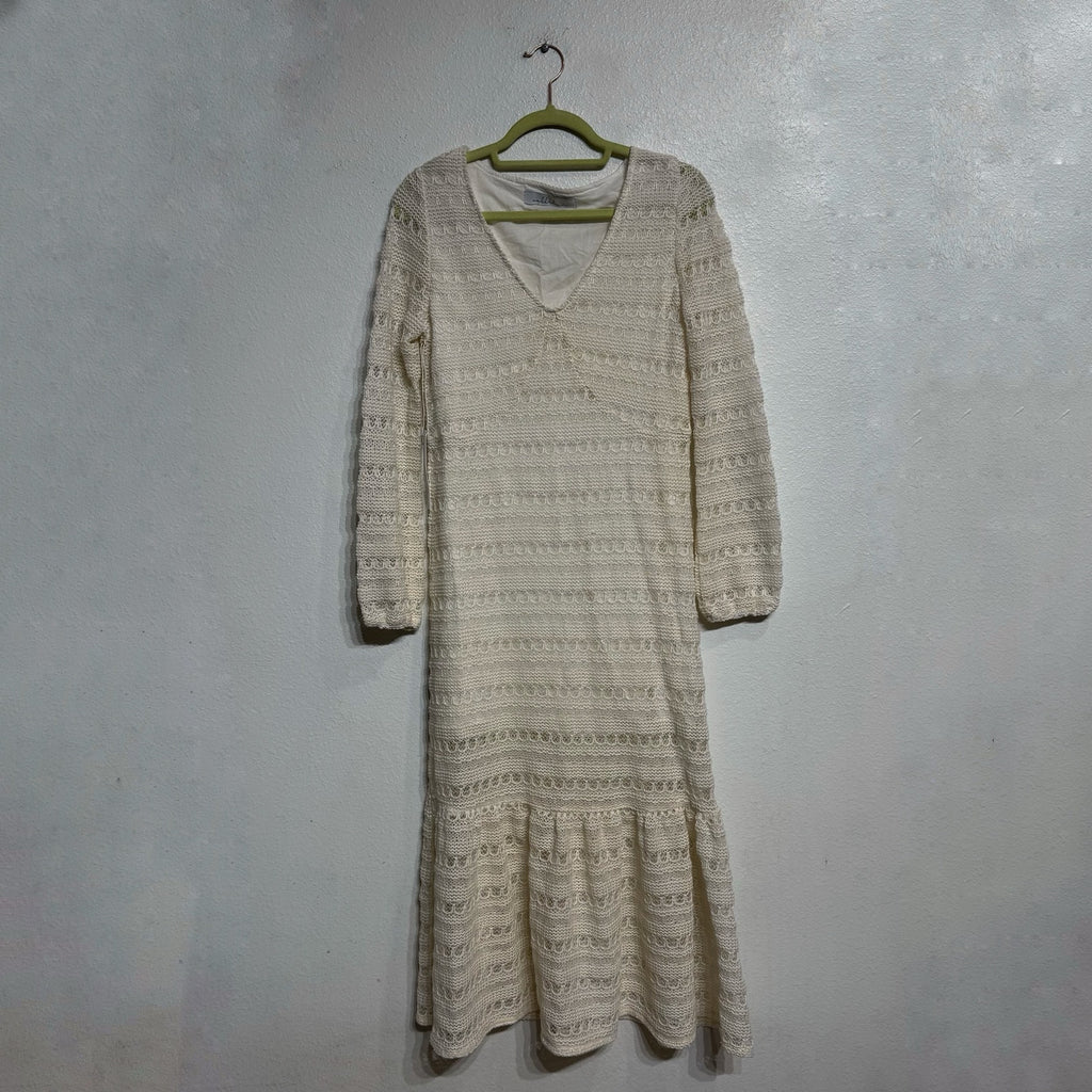 Callahan Ivory Textured Knit Midi Dress Long Sleeve Ruffle Hem Sz S NWT
