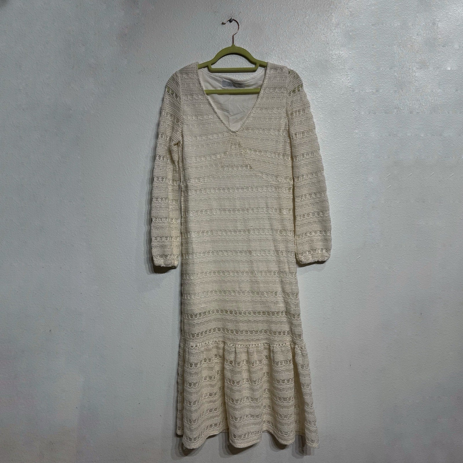 Callahan Ivory Textured Knit Midi Dress Long Sleeve Ruffle Hem Sz S NWT
