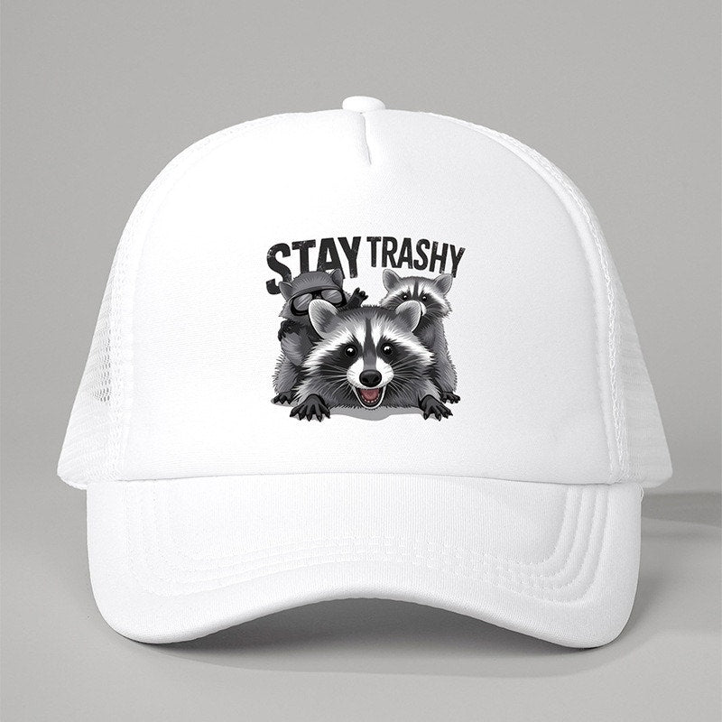 Stay Trashy White Funny Raccoon Snapback Mesh Trucker Hat NWOT