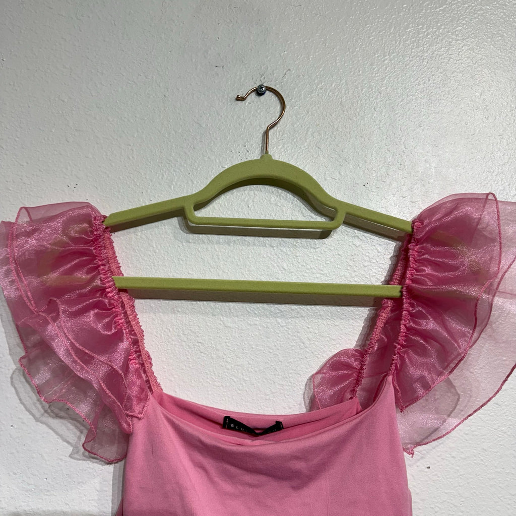 Anything Bling Pink Ruffle Mesh Sleeve Crop Top Sz S NWT
