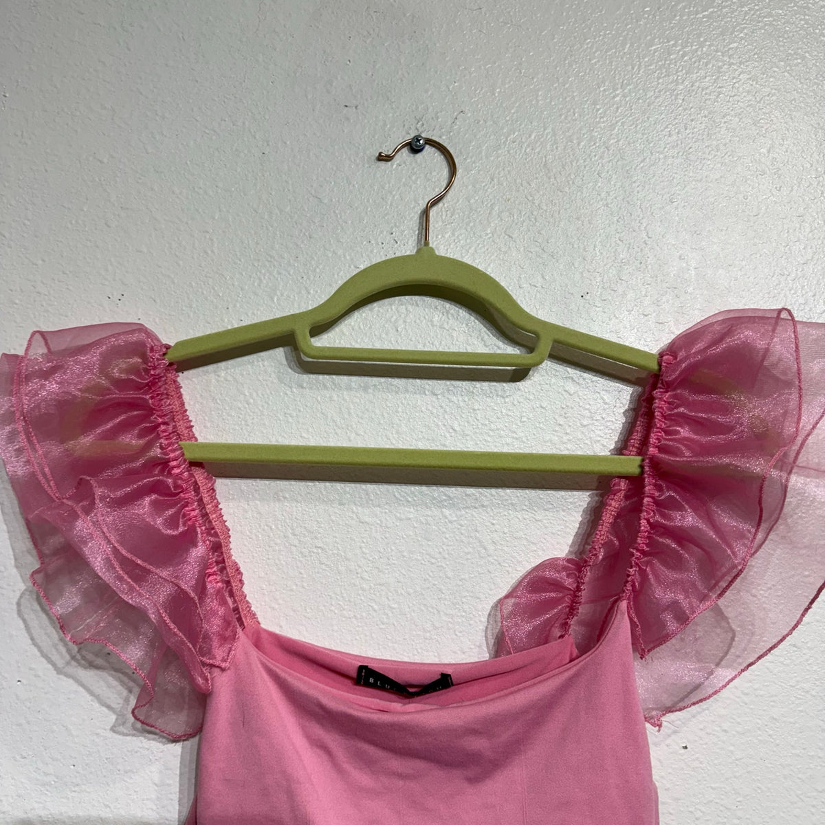 Anything Bling Pink Ruffle Mesh Sleeve Crop Top Sz S NWT