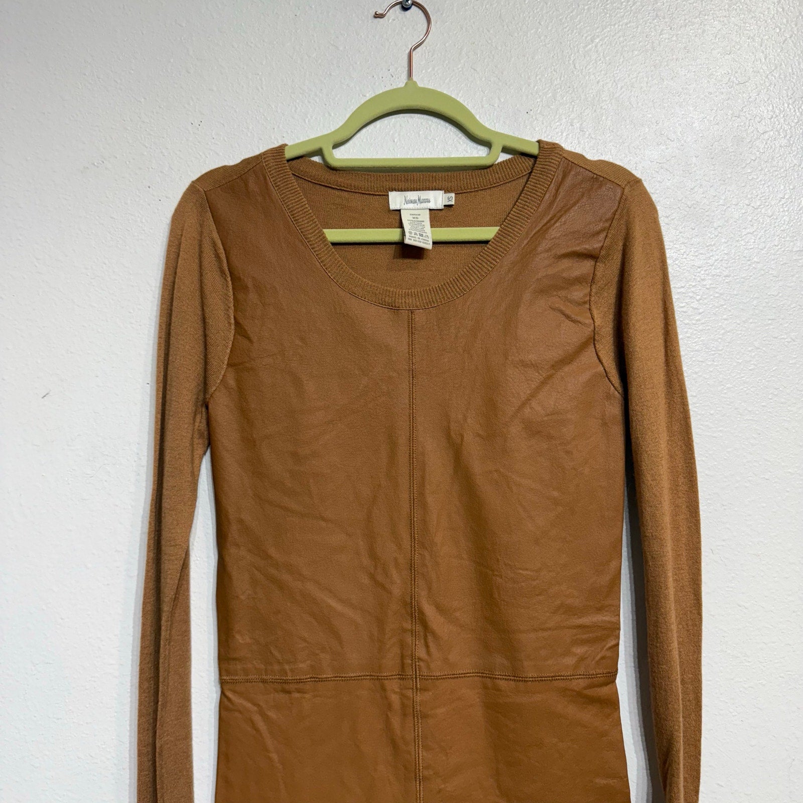 Neiman Marcus Camel Leather Front Knit Long Sleeve Dress Sz XS NWT