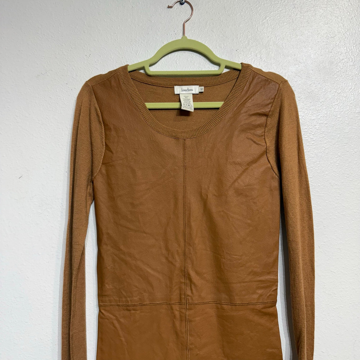 Neiman Marcus Camel Leather Front Knit Long Sleeve Dress Sz XS NWT