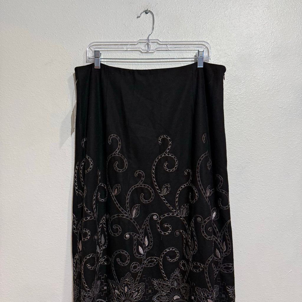 Talbots Black Maxi Skirt Embroidered Hem Boho Elegant Sz 16 NWT