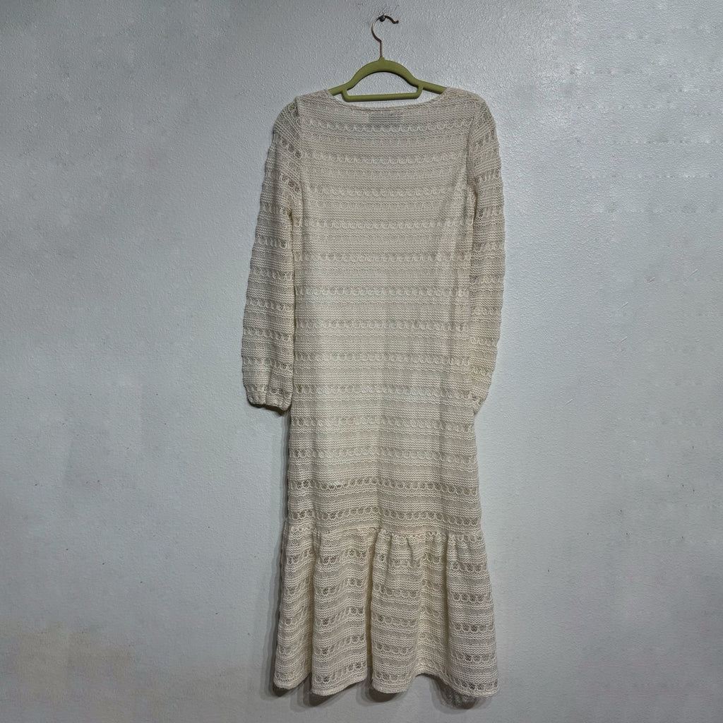 Callahan Ivory Textured Knit Midi Dress Long Sleeve Ruffle Hem Sz S NWT