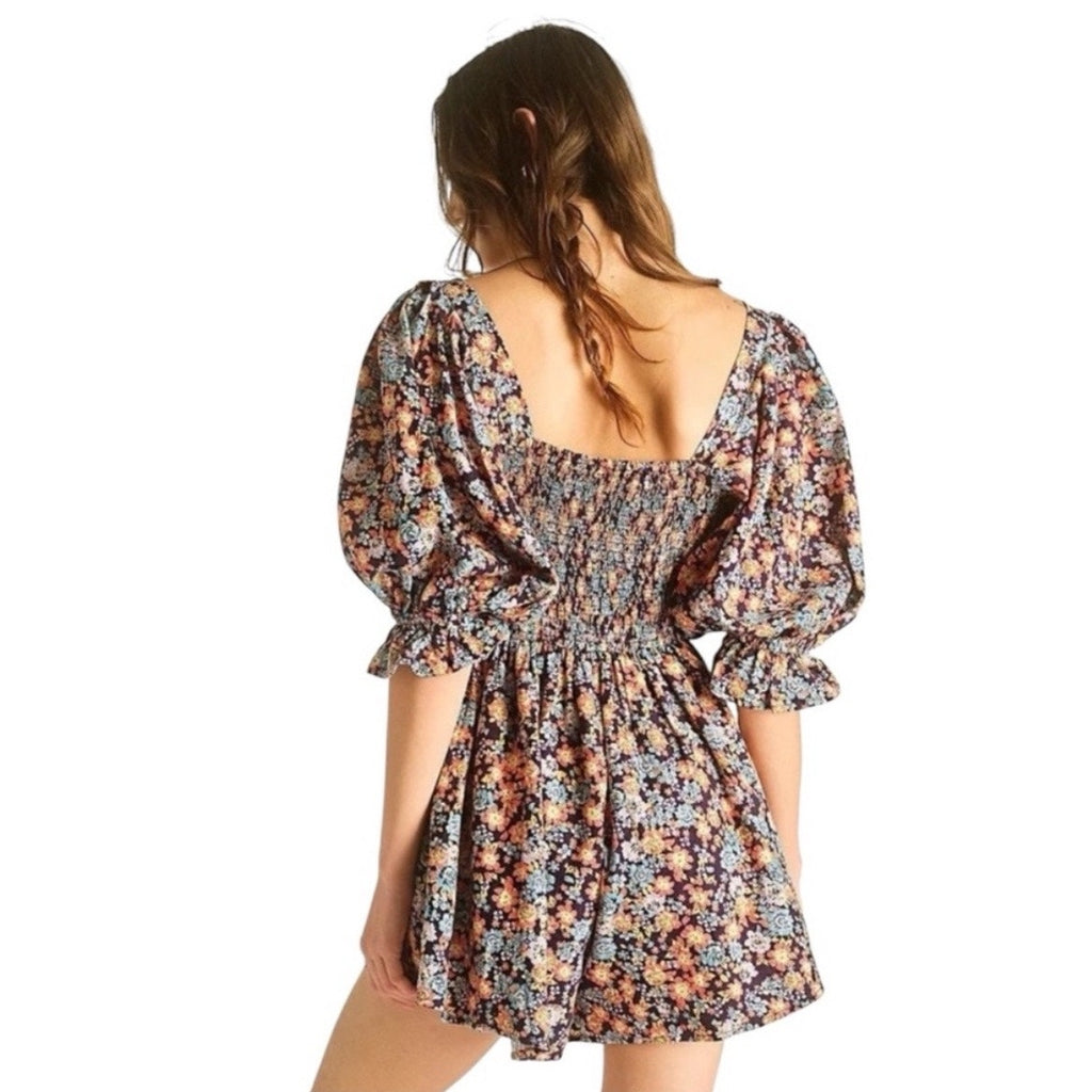 Free People Navy Combo Show Me Loe Floral Square Neck Romper Sz XS NWT