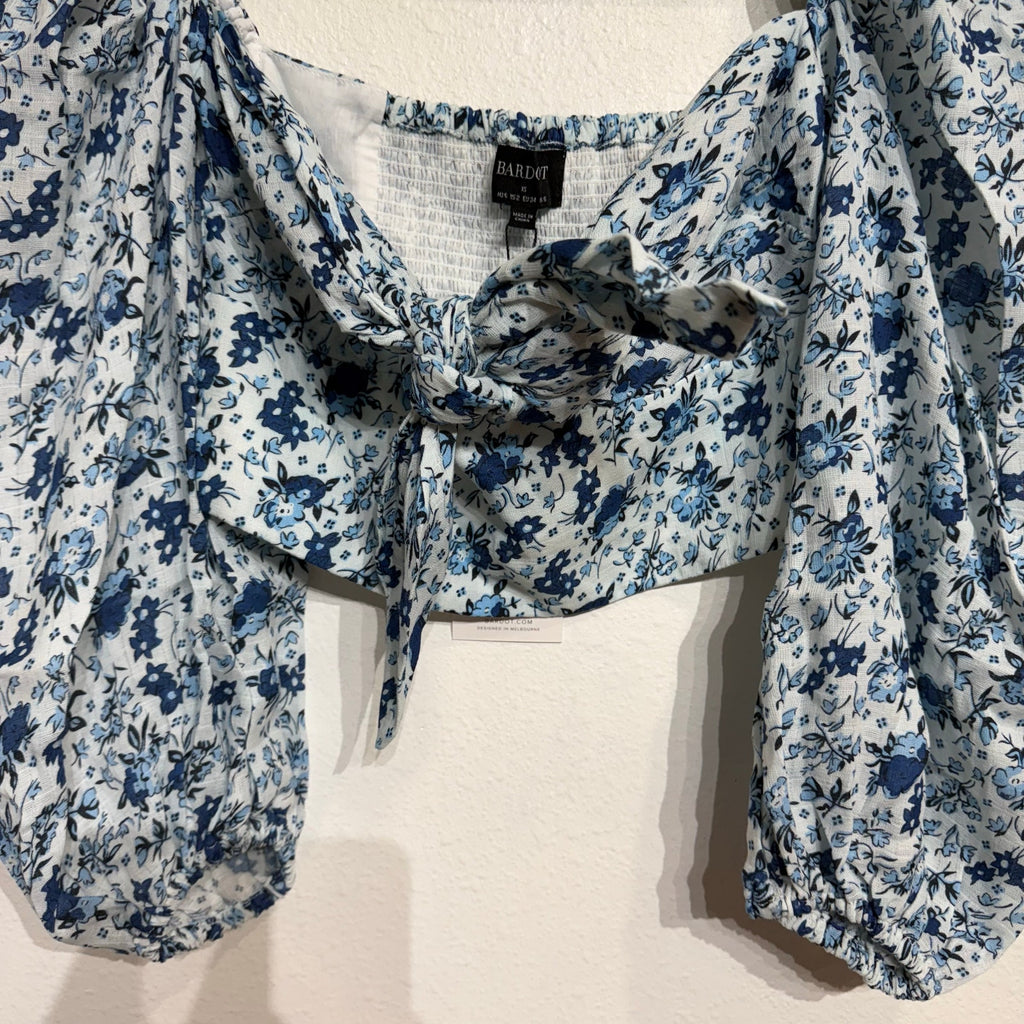 Bardot Blue Floral Cropped Off The Shoulder Top Sz 6 NWT