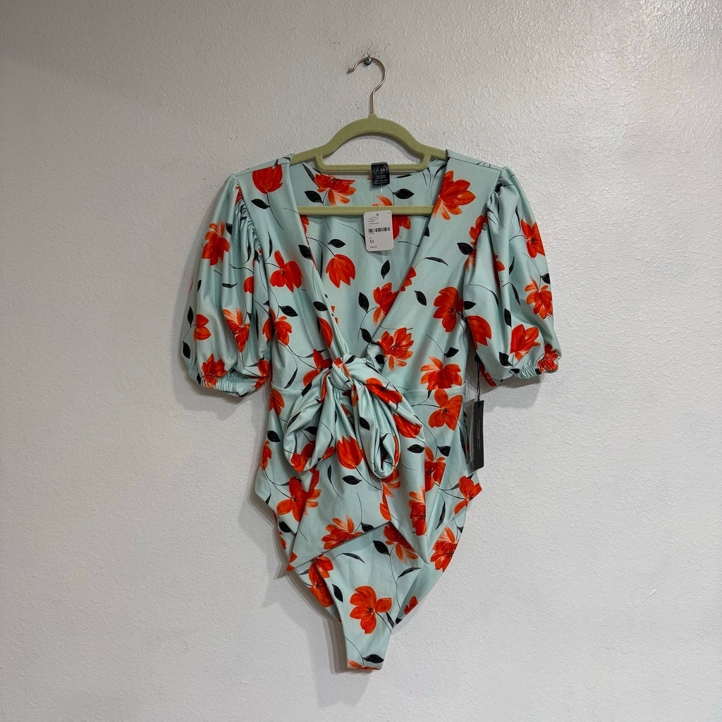 SAME Los Angeles x Free People Floral Tie Front Bodysuit Puff Sleeve Sz M NWT