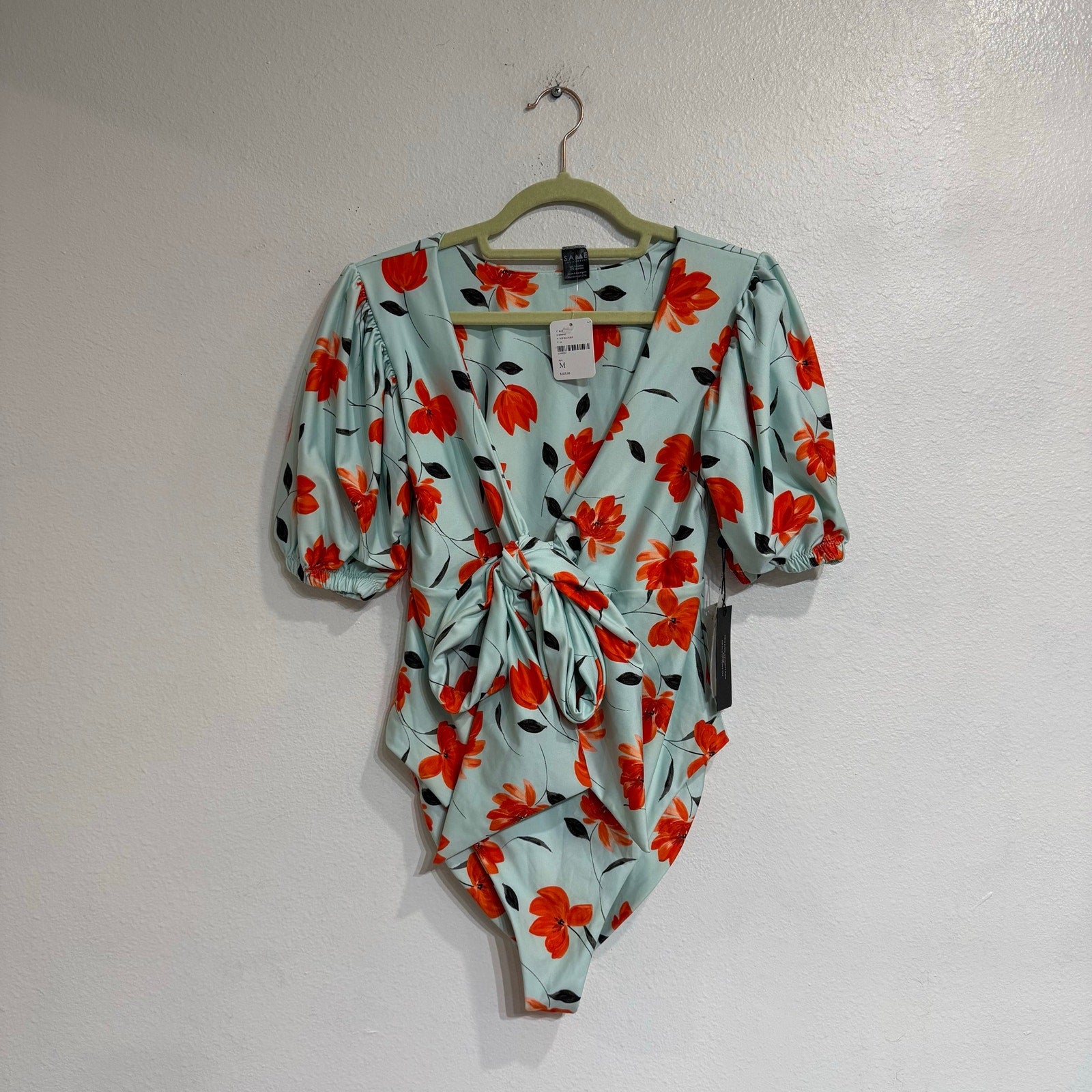 SAME Los Angeles x Free People Floral Tie Front Bodysuit Puff Sleeve Sz M NWT