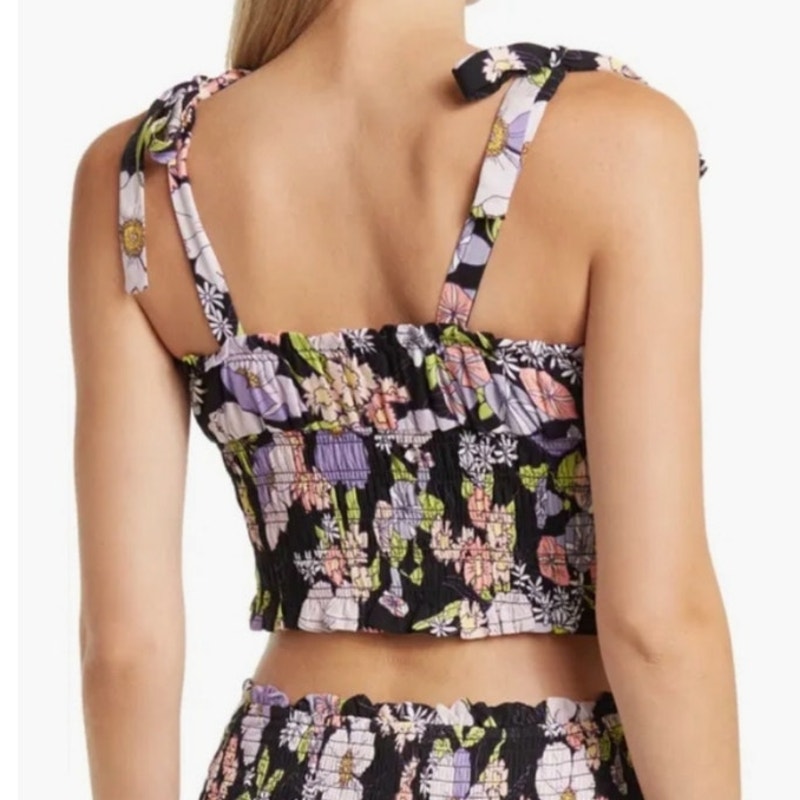 AFRM Black Floral Stein Smocked Crop Top Sz M NWT