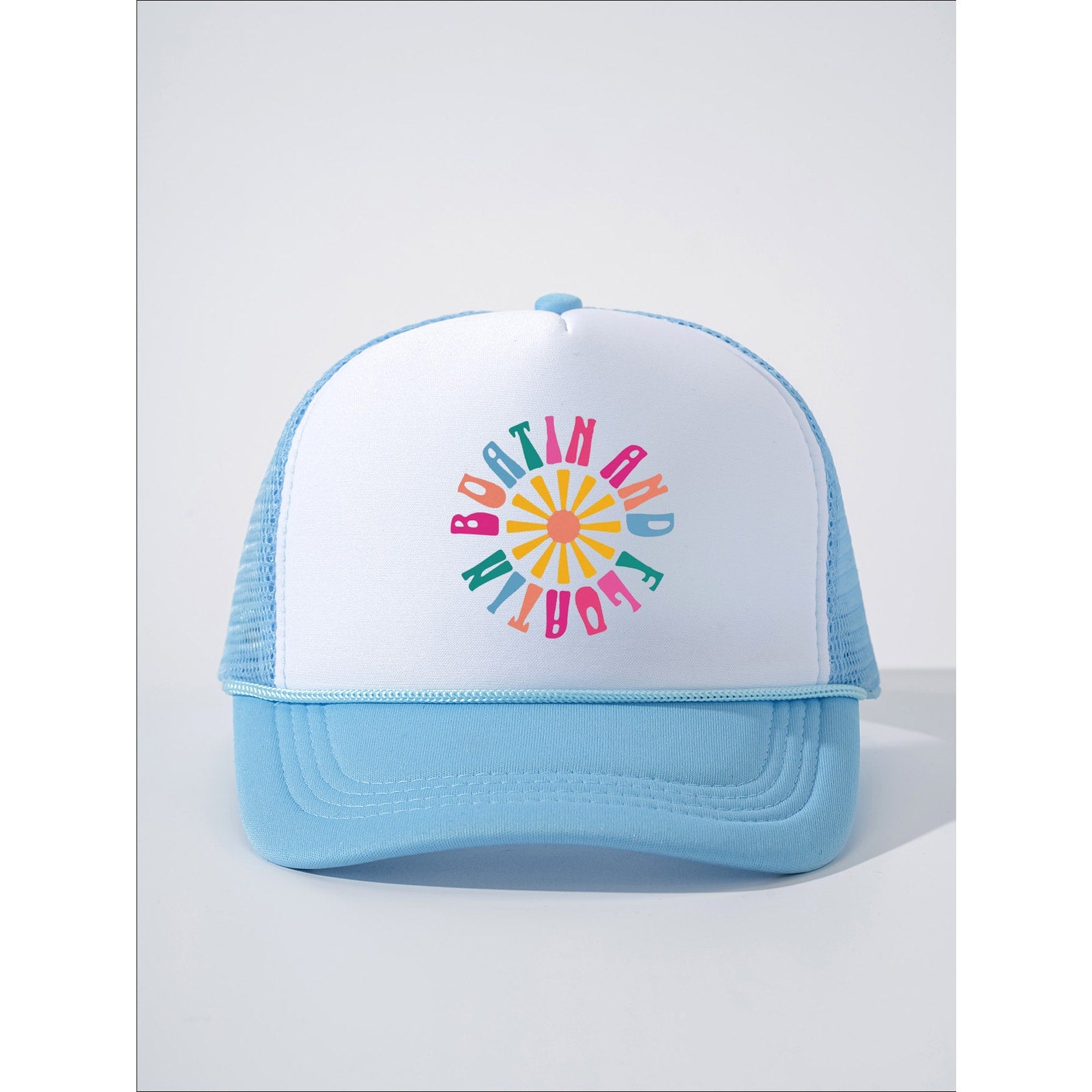 Boatin’ & Floatin’ Graphic Light Blue Mesh Snapback Trucker Hat NWOT