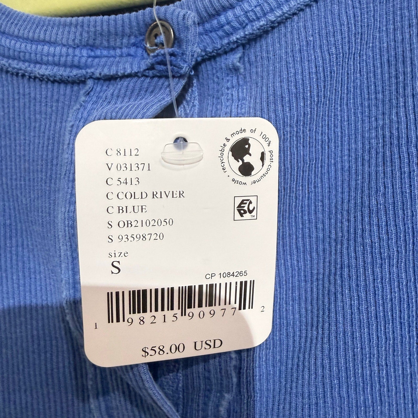 We The Free Free People Cold River Blue Ribbed Long Sleeve Henley Top Sz S NWT