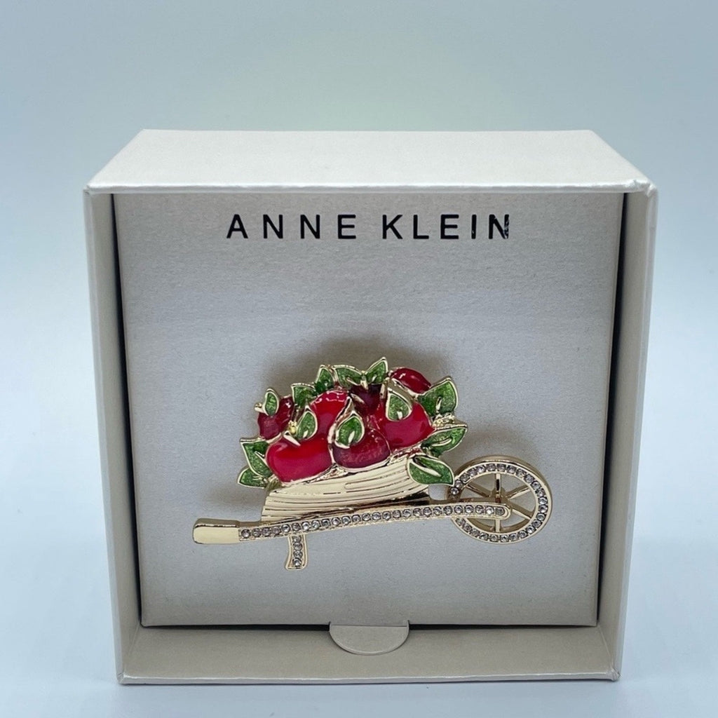 ANNE KLEIN Gold Tone Pavé Crystal Apple Wheelbarrow Pin Brooch NWT
