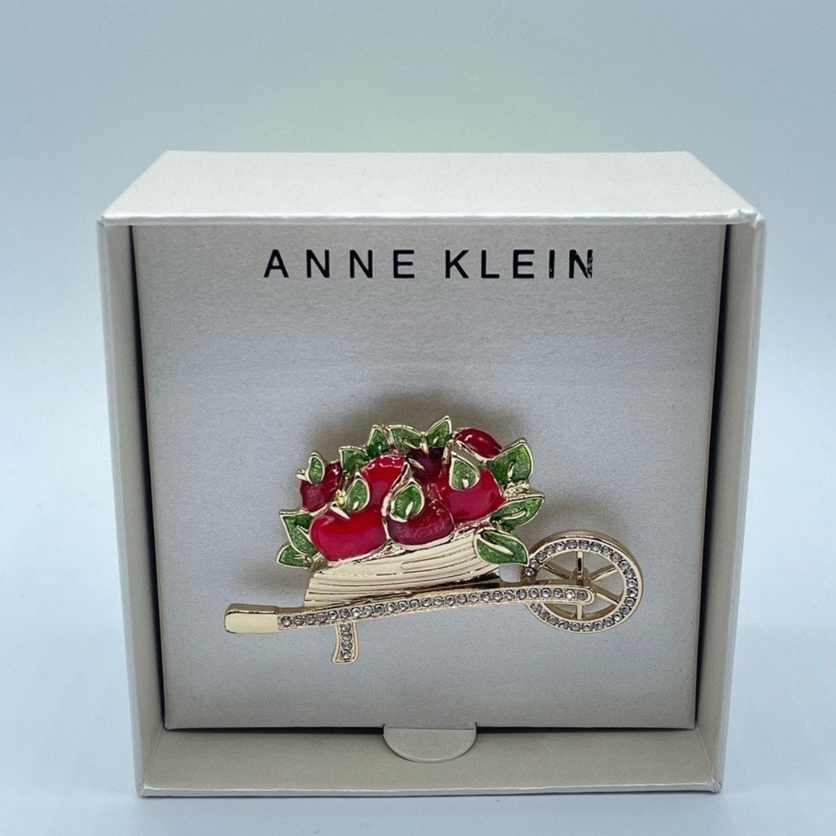 ANNE KLEIN Gold Tone Pavé Crystal Apple Wheelbarrow Pin Brooch NWT