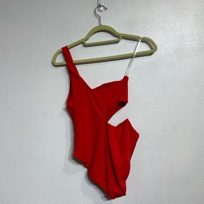 Aqua Red One Shoulder Cut Out One Piece Swimsuit Sz XL NWT