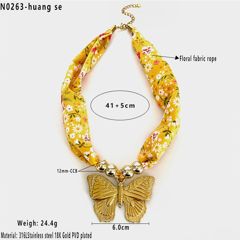 Floral Scarf Necklace Gold Butterfly Pendant Statement Necklace NIB