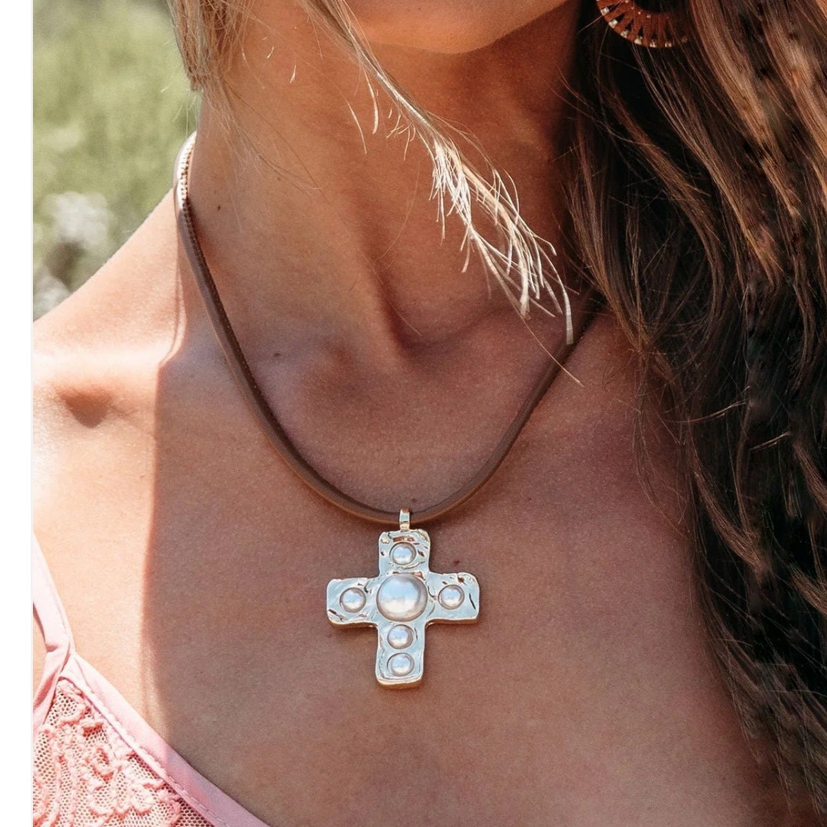 Prairie Pearl Studded Cross Necklace Cream Western Boho Boutique NWT
