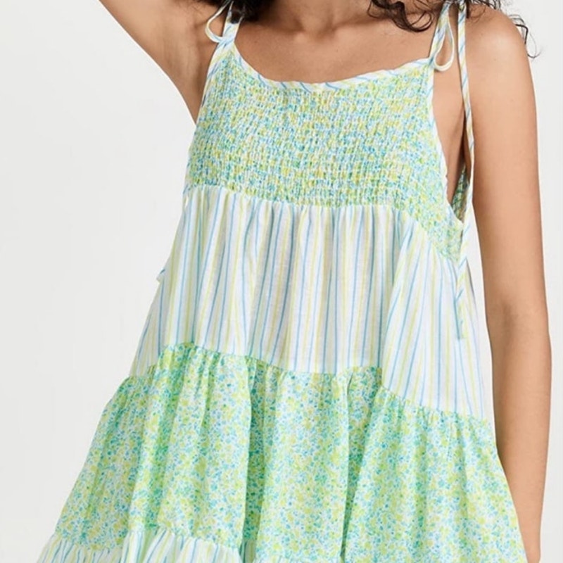 Solid & Striped Green Painted Floral The Parker Linen Mini Dress Sz L NWT
