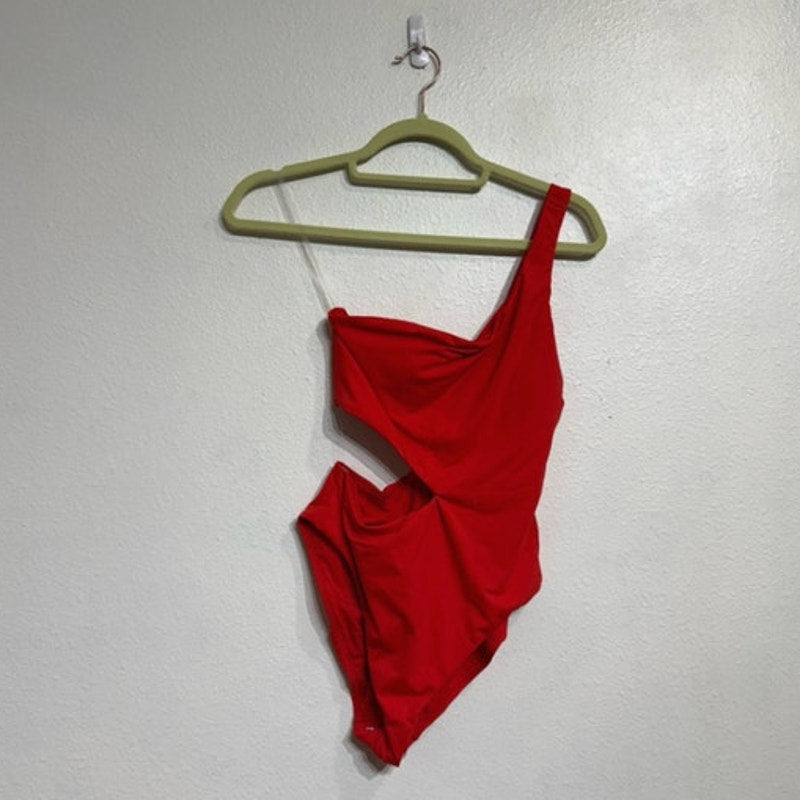 Aqua Red One Shoulder Cut Out One Piece Swimsuit Sz M NWT