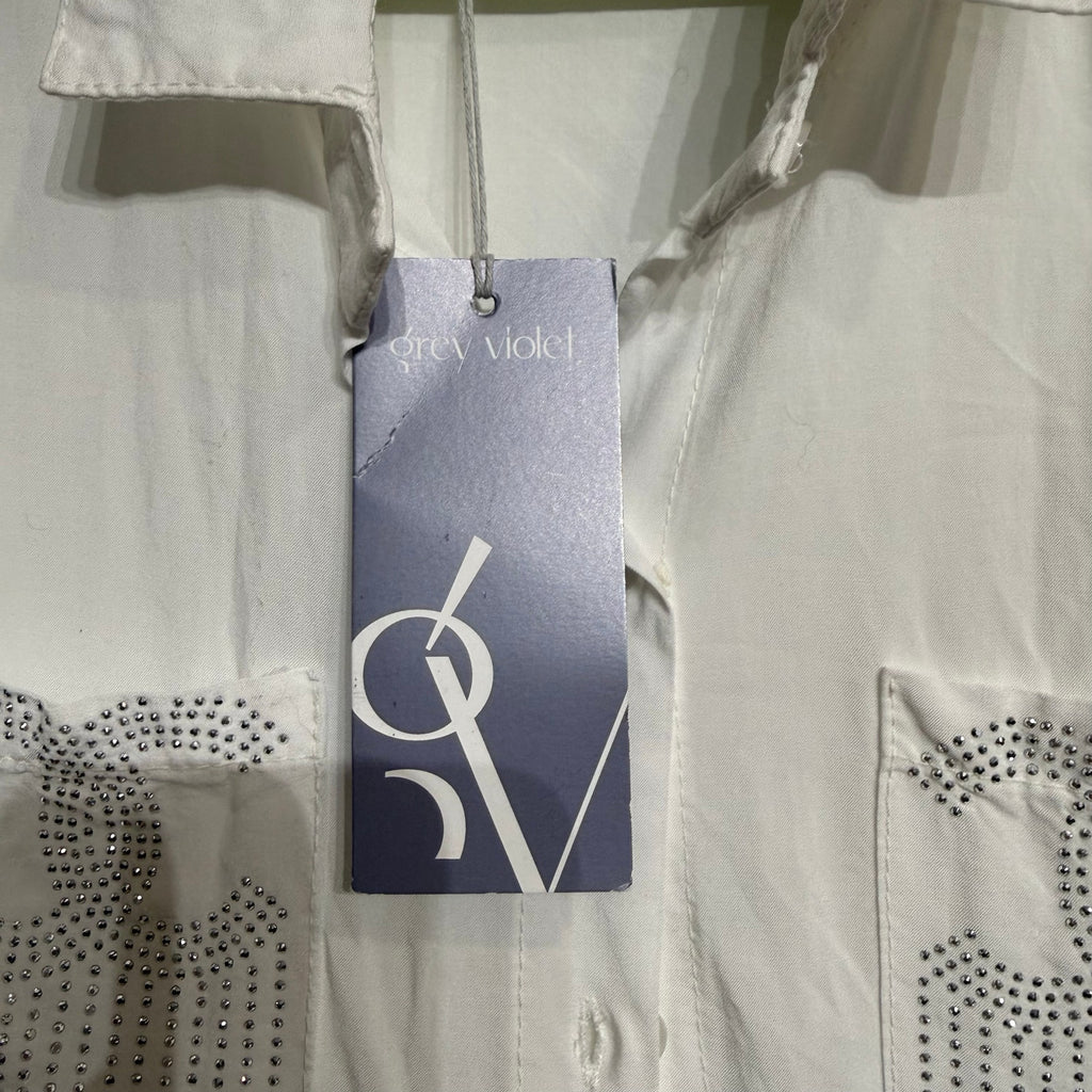 Grey Violet White Bedazzled Button Down Blouse Sz XS NWT