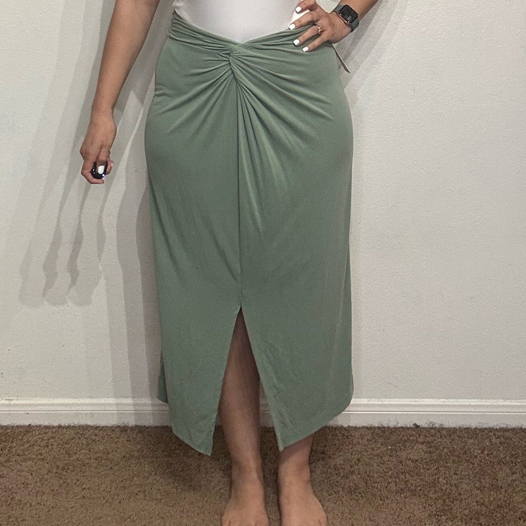 Anthropologie Moss Green Junie Knit Twist Ruched Midi Skirt Sz S NWT