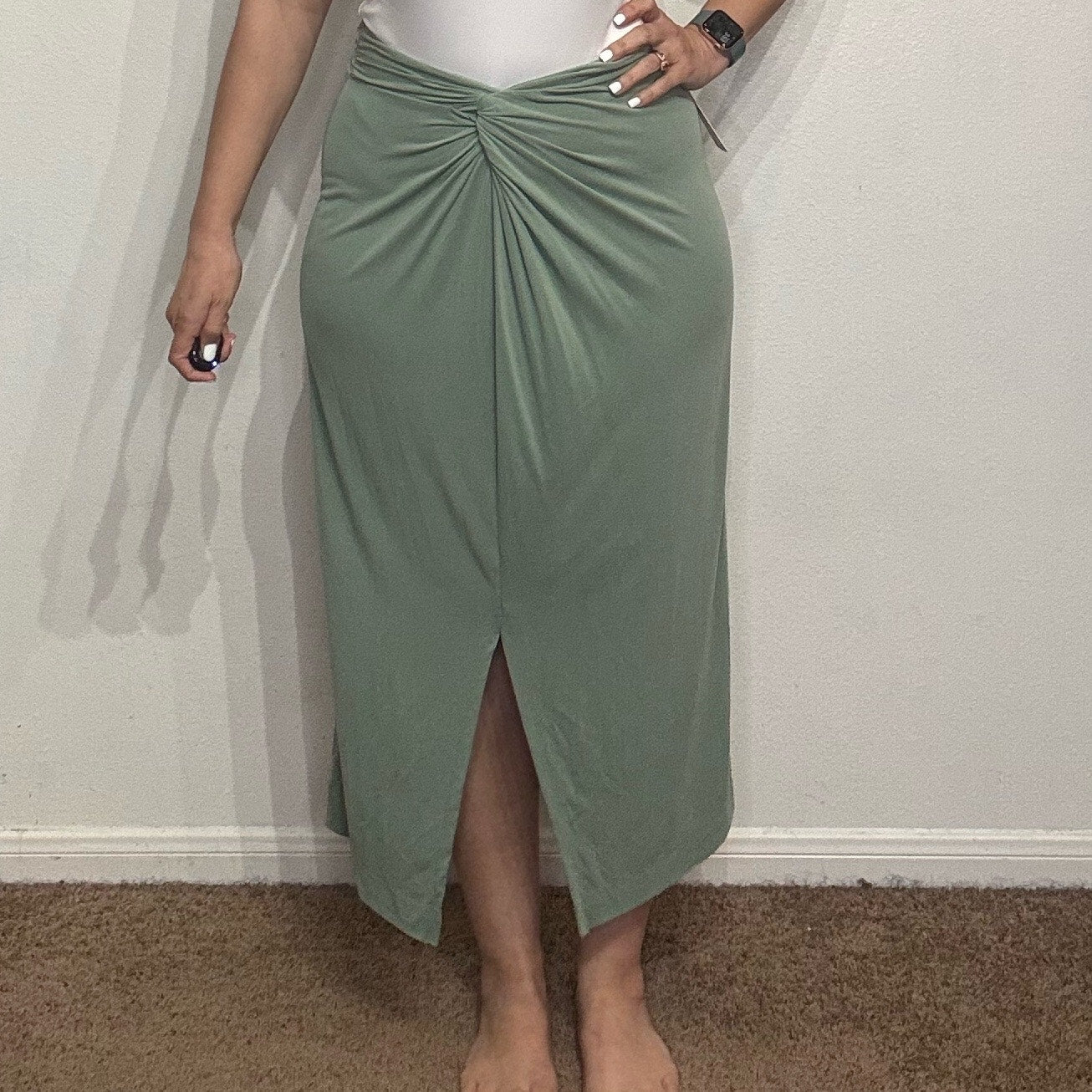 Anthropologie Moss Green Junie Knit Twist Ruched Midi Skirt Sz S NWT