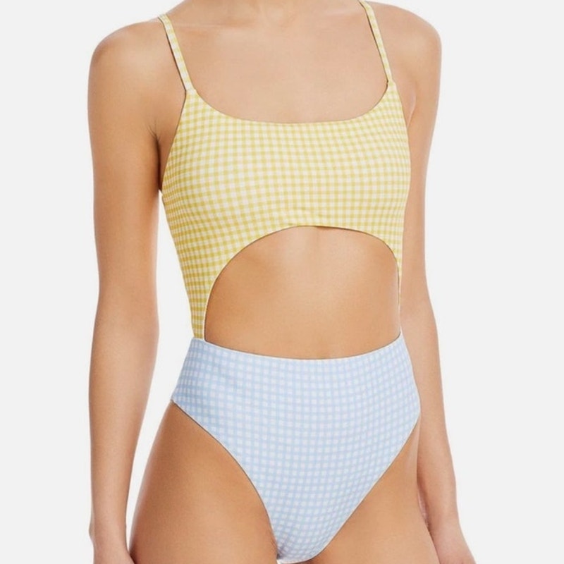 Aqua Swim Yellow Checkered Color Blocked Cut Out One Piece Swimsuit Sz S NWT