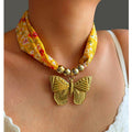 Floral Scarf Necklace Gold Butterfly Pendant Statement Necklace NIB