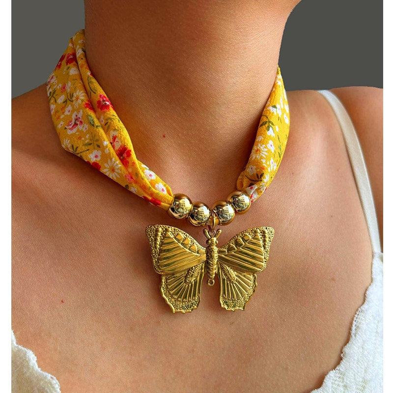 Floral Scarf Necklace Gold Butterfly Pendant Statement Necklace NIB
