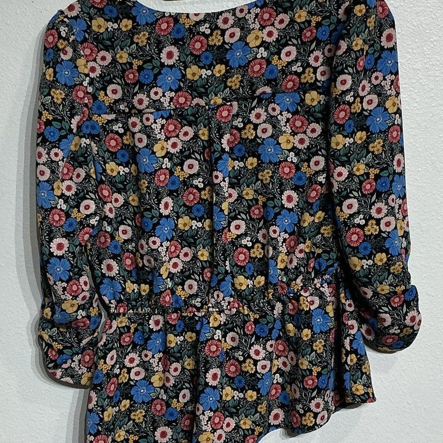 Lily White Black Floral Faux Wrap Peplum Blouse Sz S